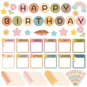 97 Pieces Boho Happy Birthday Classroom Bulletin Board Set, Birthday Chart for Classroom, Birthday’s Charts for School Wall Cutouts Decoration (Boho)