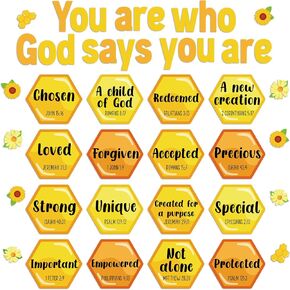 Qyeahkj Christian Bulletin Board Decorations Bee Jesus Bulletin Board Sets Bee Hive God Says You are Religious Classroom Wall Decor VBS Motivational Cutouts for Sunday School Home Church Supplies