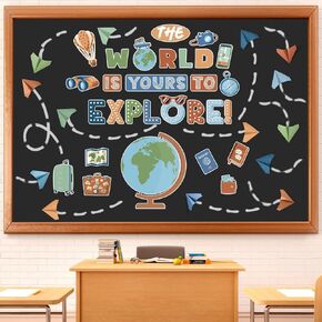 Pasimy 47 Pcs Explore travel Bulletin Board Decorations Set Travel Map Classroom Decor with the World is Yours to Explore Plane Globe Cutouts Party Decorations for Kindergarten Nursery(Colorful)