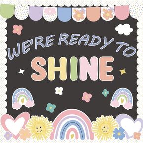 Back to School Summer Sun Bulletin Board Set Pastel We're Ready to Shine Bulletin Board Classroom Sunglasses Rainbow Paper Cutouts for Teacher Nursery Chalkboard Home Office Wall Door Decor