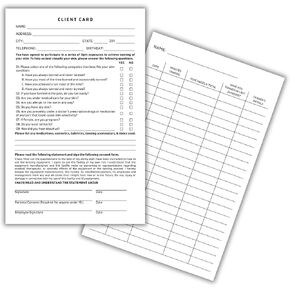Lashicorn Tanning Client Information Card for Clients | 100 pk 5.5 x 8.5" Client Profile Contact Record Information Sheet for Tan Salons Spas Intake