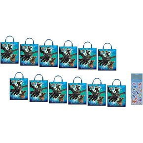 Unique How to Train Your Dragon Birthday Party Supplies Bundle Pack includes Deluxe Plastic Party Favor Tote Bags - 12 Count and 1 Dinosaur Sticker Sheet
