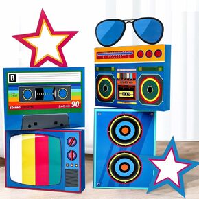 7 pcs Large 80s 90s Party Decorations 3D Hip Hop Favor Set Paper Boombox Cassette Boxes for Retro Back to 1980s 1990s Theme Birthdays Music Neon Decoration