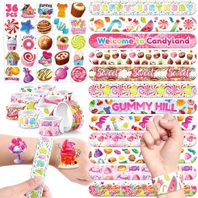60 PCS Candyland Party Favors Set - 36 Temporary Tattoos & 24 Slap Bracelets for Kids, Perfect for Candyland Decorations, Baby Shower and Sweet-Themed Birthday Party Supplies