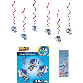 Sonic the Hedgehog Birthday Party Supplies Bundle Pack includes 6 Hanging Swirl Decorations and 1 Dinosaur Sticker Sheet