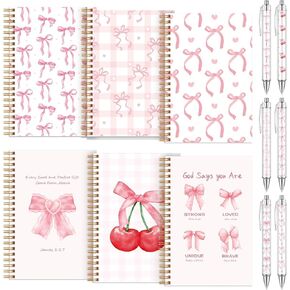 6 Pack A5 Pink Bow Spiral Notebooks with Ballpoint Pens Coquette Bowknot Cherry Preppy Journal Pink College Ruled Notebooks Aesthetic Hardcover Spiral Notebook for Girls Women Office Supplies,5.6"x8.3"