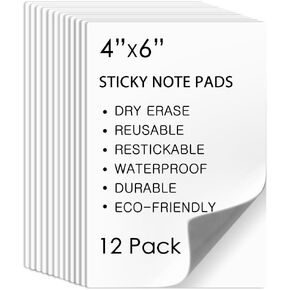12 Pack Dry Erase Sticky Notes, 6 Colors 4x6 Inch Mini Reusable White Board Stickers with Whiteboard Marker, Post for Wall Office Home
