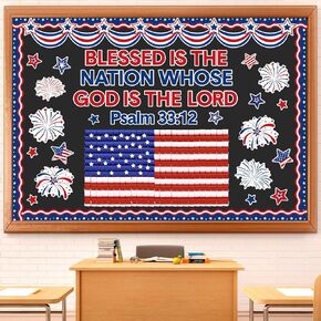 Patriotic Bulletin Board Set 4th of July Christian Classroom Decorations DIY 3D American Flag Red White Blue Firework Bulletin Boards for USA Independence Memorial Day Office School Decor