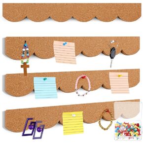 4 Pcs Cork Strips Bulletin Bar Strip for Wall 14. 5 x 2 Inch Frameless Cork Board Strips with 50 Push Pins, Self Adhesive Backing, for Classroom Office Home Cubicle(Scalloped Style)