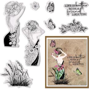 Threetols Elegant Girl Clear Stamps for Card Making, Flower Butterfly Clear Rubber Stamps Sentiments Words Stamps for Holiday Card Making DIY Scrapbooking Transparent Album Decor Paper Craft