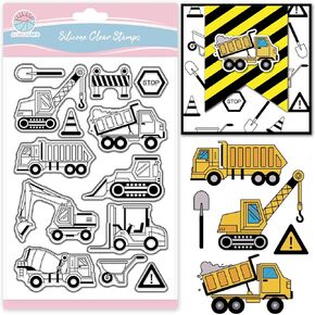 GLOBLELAND Engineering Vehicle Clear Stamps for Scrapbooking Excavator Bulldozer Silicone Stamps Crane Road Trolley Car Sentiment Transparent Stamp for Card Making DIY Embossing Journaling