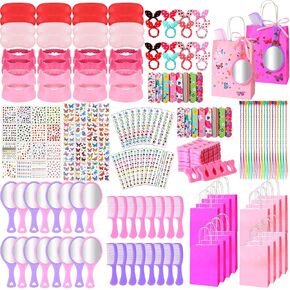 Pinkunn 176 Pcs Spa Party Supplies for Girls Multiple Spa Party Favors for Kids Pink Braid Clip Eye Mask Mirror Comb Emery Boards Toe Separator Hairband Nail Sticker Tattoo Sticker Pink Gift Bags
