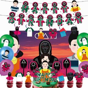 Korean Game Birthday Decorations Set Party Supplies 2025 with Happy Birthday Banner Cake Topper Cupcake Toppers Hanging Swirls Balloons Background