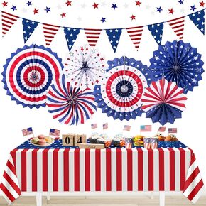 9PCS 4th of July Decorations Red White and Blue Paper Fans, USA Pennant Bunting, Star Streamers, Patriotic Tablecloth for Fourth of July Party Supplies, Memorial Day Veterans Day Patriotic Decor