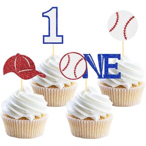24pc Glitter Baseball Cupcake Toppers - Baseball Party Decorations, Player Toppers - Baby Shower Theme