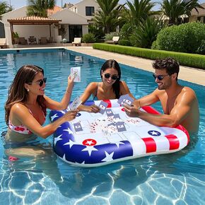 2 in 1 American Flag Inflatable Pool Game Table & Serving Bar with Waterproof Playing Cards, 36"x36" Patriotic Inflatable Drink Cooler Floating Game Table for Adult 4th of July Summer Beach Pool Party