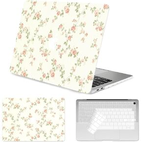 Seorsok Compatible with MacBook Air 13 Inch Case 2022 2021 2020-2018 Release A1932 A2179 M1 A2337,Cute Flower Branch and Vintage Pink Rose Design Plastic Hard Case&Transparent Keyboard Cover,Beige