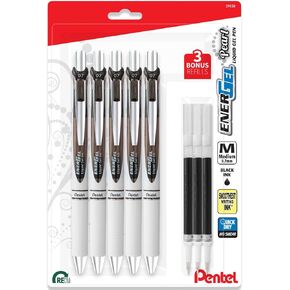 Pentel EnerGel 0.7 Pearl RTX Retractable Liquid Gel Pen - Medium Point - Needle Tip - Pack of 5 Black Gel Pens with 3 Refills