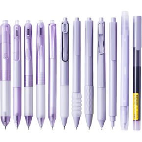 Violet Gel Pen Set Pack of 12, Cute 0.5 mm Fine Tip Retractable Black Ink Pens with 1 Pack Dual-Tip Highlighter for Writing, School Office Supplies (Violet)