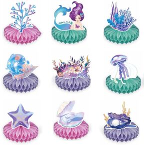 Mermaid Birthday Centerpiece Set - 8Pc Under the Sea Table Decorations with Honeycomb Cards & Bases, Eco-Friendly Baby Blue & Lavender Party Supplies