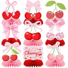 9 PCS Cherry Honeycomb Centerpieces Cherry Birthday Party Decorations Cherry She's The Cherry On Top Table Centerpieces Decorations Summer Fruit Cherry Party Supplies for Bridal Shower Baby Shower