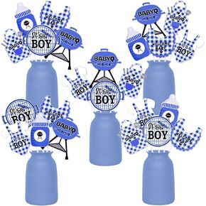 Cheereveal 24 Pieces BBQ Baby Shower Centerpieces Sticks, Baby Q Shower Decorations for Boy Blue, Double Sided Print BBQ Table Toppers for Barbecue Picnic Summer Party Supplies