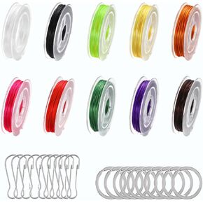 VYNFLICK Lanyard String Making Kit - DIY Elastic Bracelet Cord 10 Rolls Plastic Weaving Rope with Keychains Accessories for Crafts Bracelets Key Chains and Jewelry Making