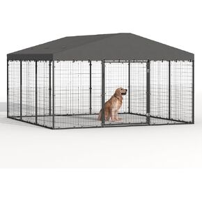 Kurapika Large Outdoor Dog Cage, Heavy-Duty Kennel Enclosure with Weatherproof UV-ResistantCover, Zinc-Coated Steel Barrier Fence with Dual Safety Lock for Yard & Patio (118" L x 118" W x 70.9" H)