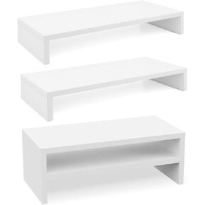 TEAMIX 2 Tier White Wooden Laptop Stand and 2 Pack 20 inch White Monitor Stand Riser for Computer Desk Home Office Organization.