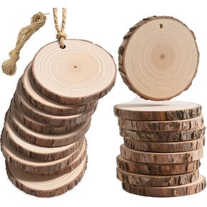 20PCS Pre-Drilled Wood Slices with Holes, 3.2-4 Inch Natural Pine Discs & 8M Hemp Rope, Sanded Smooth DIY Crafts Kit for Christmas Ornaments, Rustic Wedding Decor, Kids Art (20pcs)