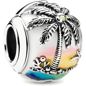 Vintage-Inspired Sunset Palm Tree Charm Beads Pendant 925 Sterling Silver Charms for Bracelets and Necklaces,Contains Stars Infinite love Butterflies Dragonflies beads.jewelry gifts for mom.