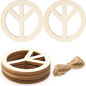 YOUEON 50 Pack Unfinished Wood Peace Sign with Jute Rope, 4 Inch Round Wooden Pieces Hanging Ornaments, Cutout Blank Wood Slices for Party, DIY, Crafts