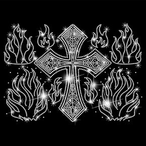 SUPERDANT Flame Cross Heat Transfer Rhinestones Crystal Cross Iron On Transfers Rhinestone Iron on Decal Applique DIY Transfer Decal White Glitter Rhinestone Pattern Decoration for T-Shirt Clothing