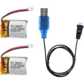 2 Pcs 3.7V 100mAh 20C PH1.25 Plug Rechargeable Lipo Battery with USB Charger for Cheerson cx10 WLtoys V272 Estes Proto X, Syncro X, Hubsan Q4 Nano mini RC Drone Quadcopter Spare Parts