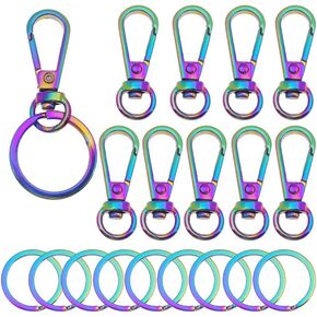 20Pcs Rainbow Swivel Snap Keychain Set 10Pcs Swivel Lobster Claw Clasp Hook with 10pcs Metal Flat Split Key Ring for Purse Handbag Lanyard