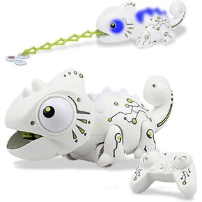 Interactive Remote Control Chameleon Simulation Toy for Kids - 2.4GHz RC Reptile with 5 Sound Effects, 12 Color Lights, Extending Tongue & Wagging Tail, Children Aged 3-12 Discovery Toys (White)