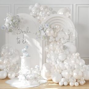 CROSSFINGERS Pearl White Balloon Garland Arch Kit, Double Stuffed 189pcs White Balloons with Pearl Stickers for Birthday Wedding Baby Shower Bridal Shower Engagement Party Decorations