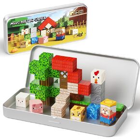 Magnetic Tiles Farm Animals Travel Toys, 35PCS Magnetic Blocks for Kids Ages 3-8, Portable STEM Building Cubes with Metal Storage Box, Toddler Learning Toys for Ages 3-5