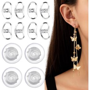 12 Pcs Metal Earring Backs for Droopy Ears Large Earring Backs for Heavy Earrings Round Silicone Adjustable Metal Earrings Supports Lifters for Stretched Earlobes White Gold Silver Color