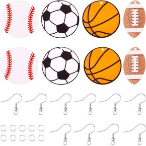 Cheriswelry 8 Pairs Sports Theme Earring Set with Baseball Football Basketball Rugby Wood Earring Pendants Earring Hooks Jump Rings for Sports Lovers DIY Jewelry Making Decor