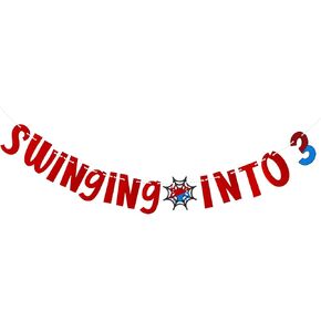 Spider Birthday Banner, Swinging Into 3 Banner Spider Themed Cartoon Party Decoration for Girls Boys Birthday Party Decoration Supplies