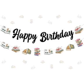 JOYMEMO Storybook Birthday Decorations, Book Happy Birthday Banner Sign and Garland, Reading Library Book Club Back to School Theme Bday Party Decor Supplies