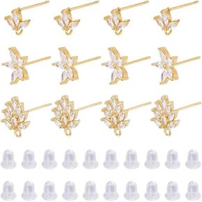 DICOSMETIC 12Pcs Cubic Zirconia Earring Stud Finding 18K Gold Plated Flower Earrings Post with Loop and 40Pcs Ear Nuts Rhinestone Earring Posts Brass Earring Studs for Earring Making, Pin: 0.8mm