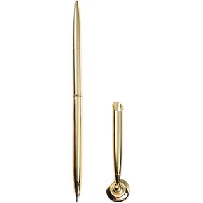Gold Metal Desk Pen Set with Stand, Round Holder Base, Office Signing Ballpoint Pen, for Wedding Office Ballpoint Set Attached Base Desk Writing Supplies