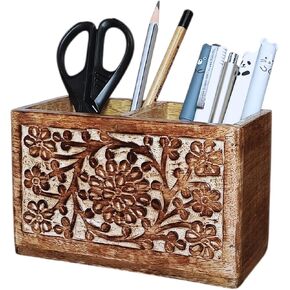Mie Creations 2 Slot Rustic Pencil Holder Pen Stand for Desk Organizer | Handcarved Wooden Pen Holder for Desktop Table, Wood Office Accessories | Multipurpose School Stationery Craft Supplies 6''