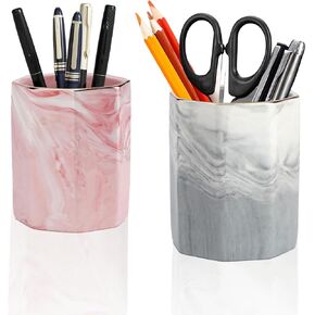 2Pcs Pen Holder for Desk, STNRST-IN Ceramic Makeup Brush Holder, Marble Minimalist Pen Organizer for Desk, Multifunctional Pencil Cup Marker Holders, Office Decor Accessories for Home School Pink Grey