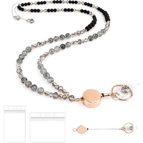 Retractable Lanyards for id Badges for Women Cute Teacher Lanyard with id Badges Holder, Natural Stone Cream Crystal Beaded Lanyards for id Badge and Keys Cruise School Office
