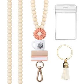Starfa for Wooden Beaded Teacher Lanyard with ID Holder,Boho Breakaway Lanyard for Women&Keys,Cute&Fashionable Beaded Lanyards for ID Badges