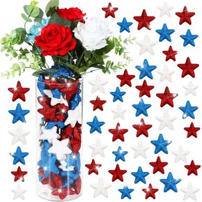 120 Pcs Independence Day Glitter Foam Vase Fillers Table Decor Foam Red Blue White Stars Filler Glitter Ornaments 4th of July Decorations Crafting Centerpiece Table Scatter, 4 Size