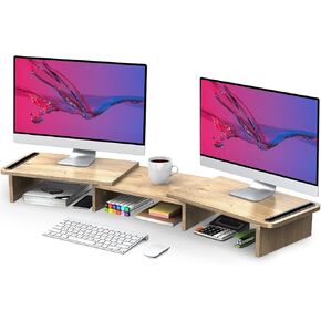 Zimilar Dual Monitor Stand Riser, Monitor Stand with Adjustable Length and Angle, Wood Monitor stand for desk, Monitor Riser for 2 monitors with Storage Space (Oak Large)